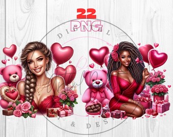 Schwarzes Mädchen Valentines Clipart, Valentinstag PNG für Sublimationsdesigns und kommerzielle Nutzung, Date Night Clipart, PNG-Bundle für Scrap-Buchung