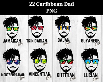 Può includere: Grafica digitale con otto volti maschili stilizzati con occhiali da sole che mostrano bandiere dei Caraibi. Ogni volto ha barba e baffi, con testo sottostante che identifica ogni nazionalità, come "Jamaican Dad" e "Trinidadian Dad".