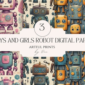 Pode incluir: Três designs de papel digital com ilustrações de robôs coloridos. Os robôs estão em várias poses e têm cores e padrões diferentes. O texto "Boys and Girls Robot Digital Paper" é exibido na parte inferior da imagem.