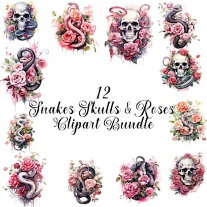 Clipart de caveiras e rosas em aquarela | Pacote de clipart gótico | Clipart de cobras e rosas | Clipart de Halloween | clipart floral de rosas