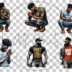 May include: Five digital illustrations of men with different religious quotes on their shirts. The men are depicted in various poses, including praying, standing, and looking to the side. The illustrations are in a cartoon style and have a black and white colour scheme.