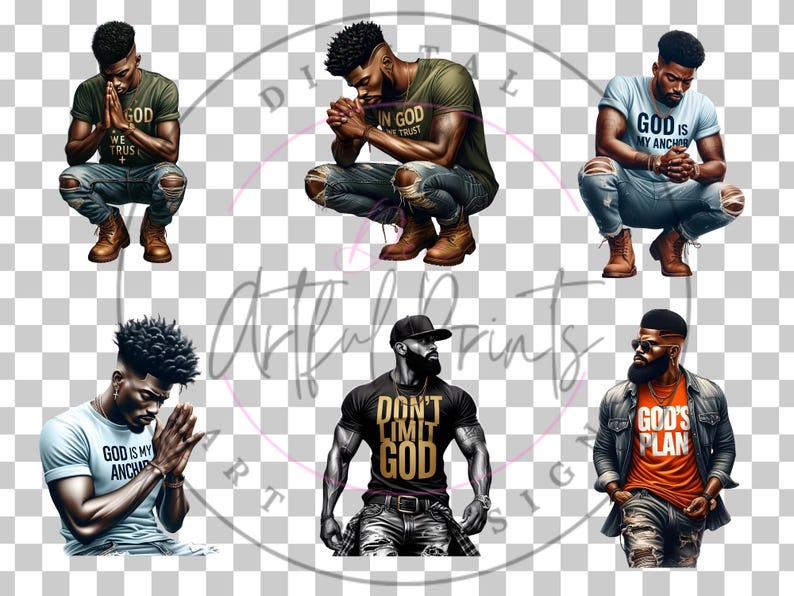 May include: Five digital illustrations of men with different religious quotes on their shirts. The men are depicted in various poses, including praying, standing, and looking to the side. The illustrations are in a cartoon style and have a black and white colour scheme.
