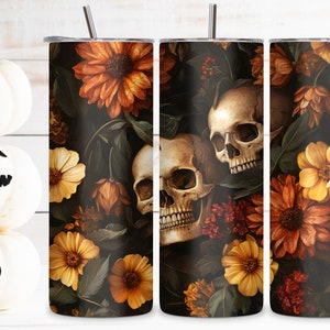 Floral Skull Halloween tumbler wrap PNG Design, Fall vibes tumbler, Skeleton floral, Tapered & Straight Skinny Tumbler Wrap PNG, Fall colors