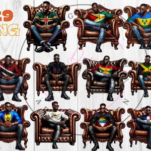 Może przedstawiać: Cyfrowy kolaż 10 obrazów przedstawiających osobę siedzącą w brązowym skórzanym fotelu. Każda osoba nosi sweter z innym wzorem flagi karaibskiej. Flagi to Antigua i Barbuda, Barbados, Dominica, Grenada, Gujana, Jamajka, Saint Kitts i Nevis, Saint Lucia, Saint Vincent i Grenadyny oraz Trynidad i Tobago.