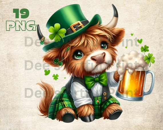 St. Patricks Highland cow clipart| Irish Highland Cow png| beer png| Shamrock png| st patricks bundle| Irish sublimation