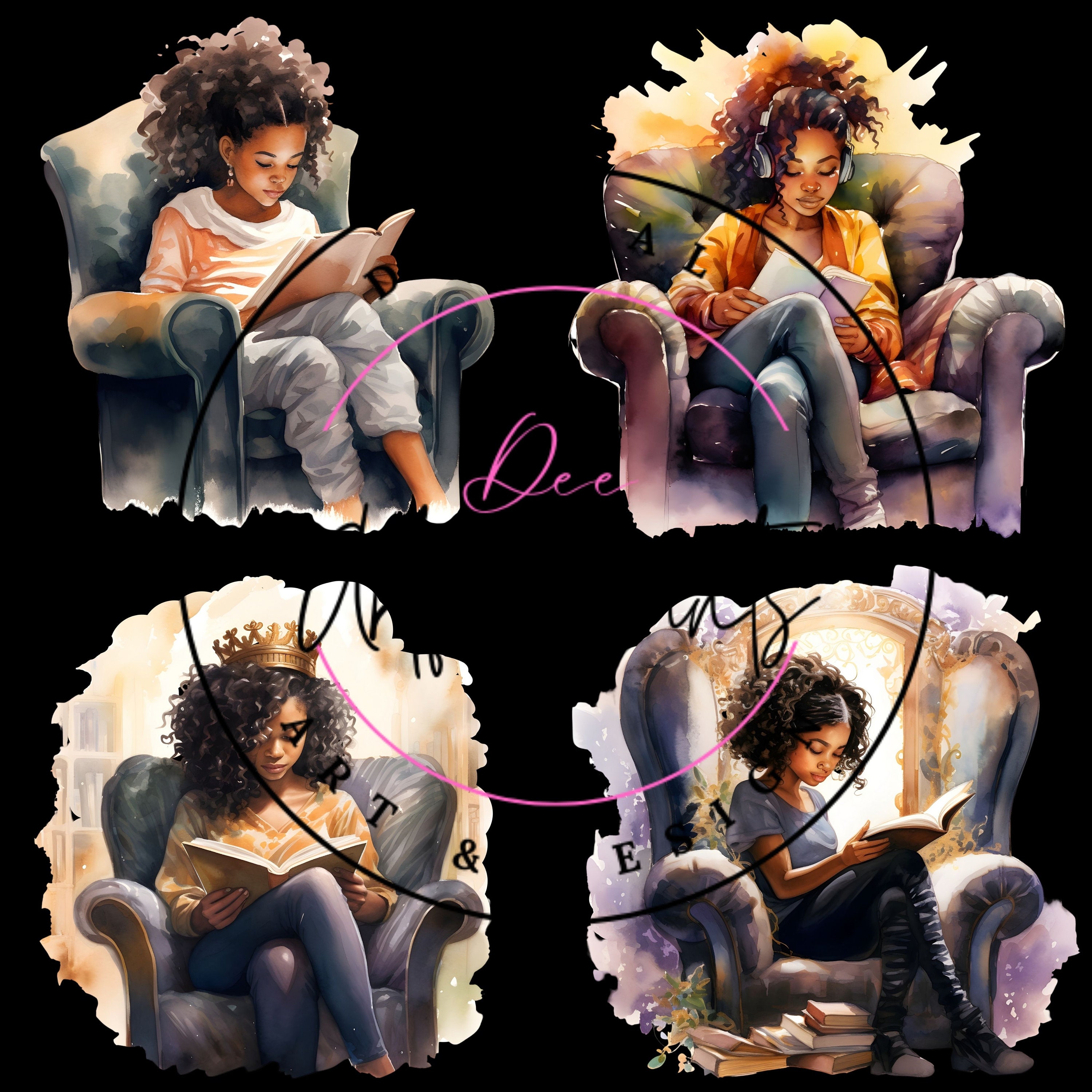 Watercolor Black Girl Reading| Book Lovers Clipart PNG Bundle 300dpi - Etsy