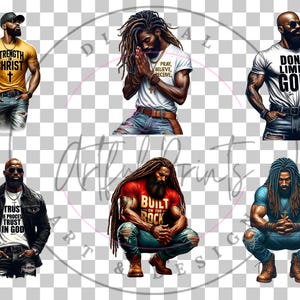 May include: Five digital illustrations of Black men with different inspirational quotes on their shirts. The quotes are "Strength in Christ", "Pray, Believe, Receive", "Don't Limit God", "Trust the Process, Trust in God", and "Built on the Rock".