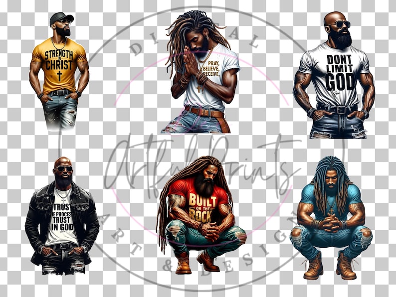 May include: Five digital illustrations of Black men with different inspirational quotes on their shirts. The quotes are "Strength in Christ", "Pray, Believe, Receive", "Don't Limit God", "Trust the Process, Trust in God", and "Built on the Rock".