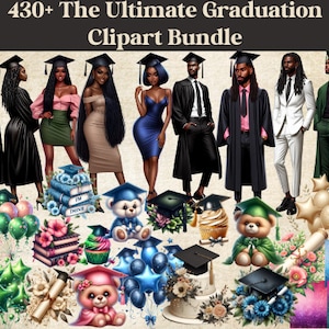 El paquete definitivo de imágenes prediseñadas de graduación, gráficos de ceremonia de graduación, graduado afroamericano 2024, creación de tarjetas, arte digital, planificador png