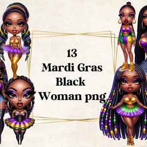 Puede incluir: Trece ilustraciones digitales de mujeres negras con trajes de Mardi Gras. Las mujeres visten atuendos morados, verdes y dorados con cuentas y plumas. Algunas de las mujeres llevan máscaras. Las ilustraciones son de estilo de dibujos animados.