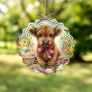 Easter Highland Cow Wind Spinner PNG, 10 inch Hanging Sublimation Design, Colorful Wind Spinner Sublimation, Calf Windspinner Sublimation