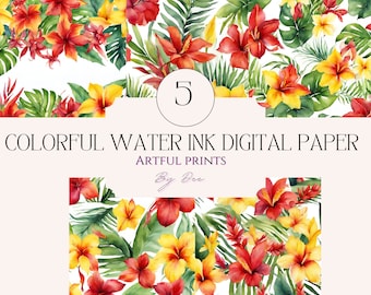 Tropical Flowers Digital Paper| summer paper| Floral Background| watercolor Paper Pack for Scrapbooking, Cards, Invitations and Junk Journal