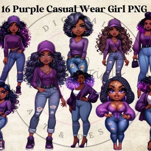 Clipart roxo casual de garota negra, garota curvilínea, pacote PNG de clipart de garota fashion preta, adesivos de planejador, tintura de gravata