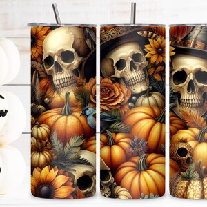 Skull Pumpkin Halloween tumbler wrap PNG Design, Fall vibes tumbler, Skeleton floral, Tapered & Straight Skinny Tumbler Wrap PNG