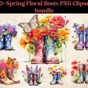 Watercolor Garden boots clipart bundle, Hello spring png, Garden clipart, Flowers, Spring graphics, Transparent background, Commercial use