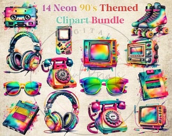 90s Neon Retro clipart, 90s png, 90s clipart, Cassette Tapes, Roller Skates, Telephone, Television, Game boy etc, digital download