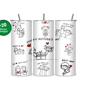 May include: Set of three white stainless steel tumblers with various designs featuring stick figures of mothers and children. The designs include the text "For You Mom", "Mommy We", "We Love You Mom", "Love Mom", "My Best Mom We You", "Happy Mother's Day", "We Love You Mom", and "Best Mom".