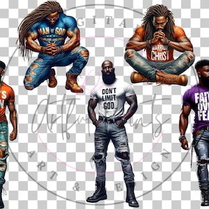 May include: Five digital illustrations of men with different inspirational quotes on their shirts. The men are all wearing ripped jeans and have beards. The quotes are "God's Plan", "Man of God Fearless and Free", "Warrior for Christ", "Don't Limit God", and "Faith Over Fear".