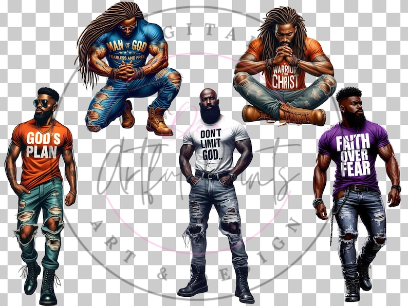 May include: Five digital illustrations of men with different inspirational quotes on their shirts. The men are all wearing ripped jeans and have beards. The quotes are "God's Plan", "Man of God Fearless and Free", "Warrior for Christ", "Don't Limit God", and "Faith Over Fear".