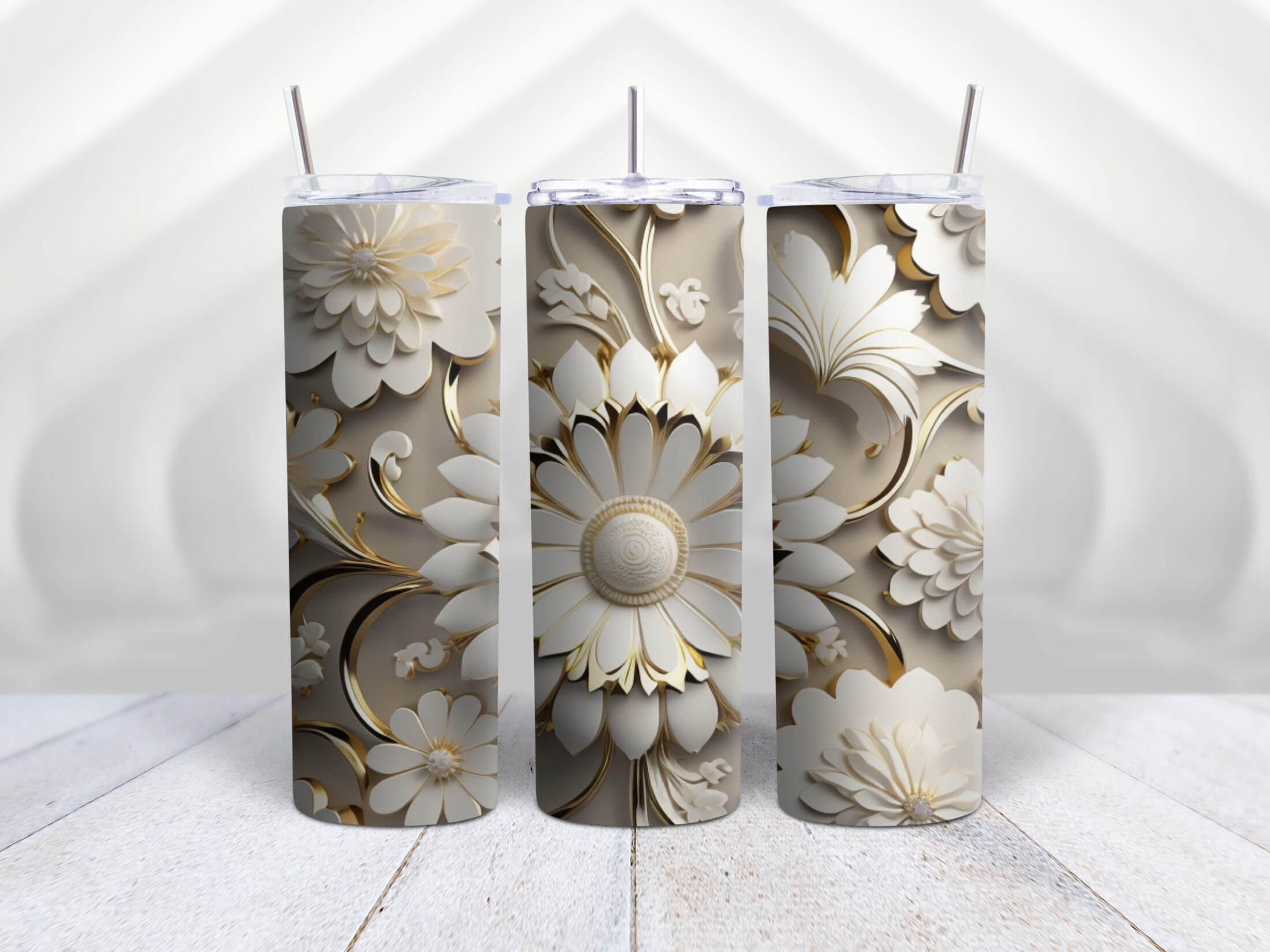 3d White & Gold flower 20oz Tumbler Wrap| Wedding Tumbler wrap| Sublimation design| Digital download