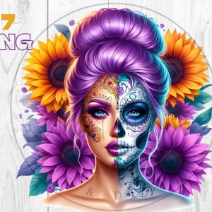 Frau Zuckerschädel PNG Bundle, Zuckerschädel Clip Art, Tag der Toten Sublimationsdesigns, Dia De Los Muertos Design PNG, Sonnenblume png