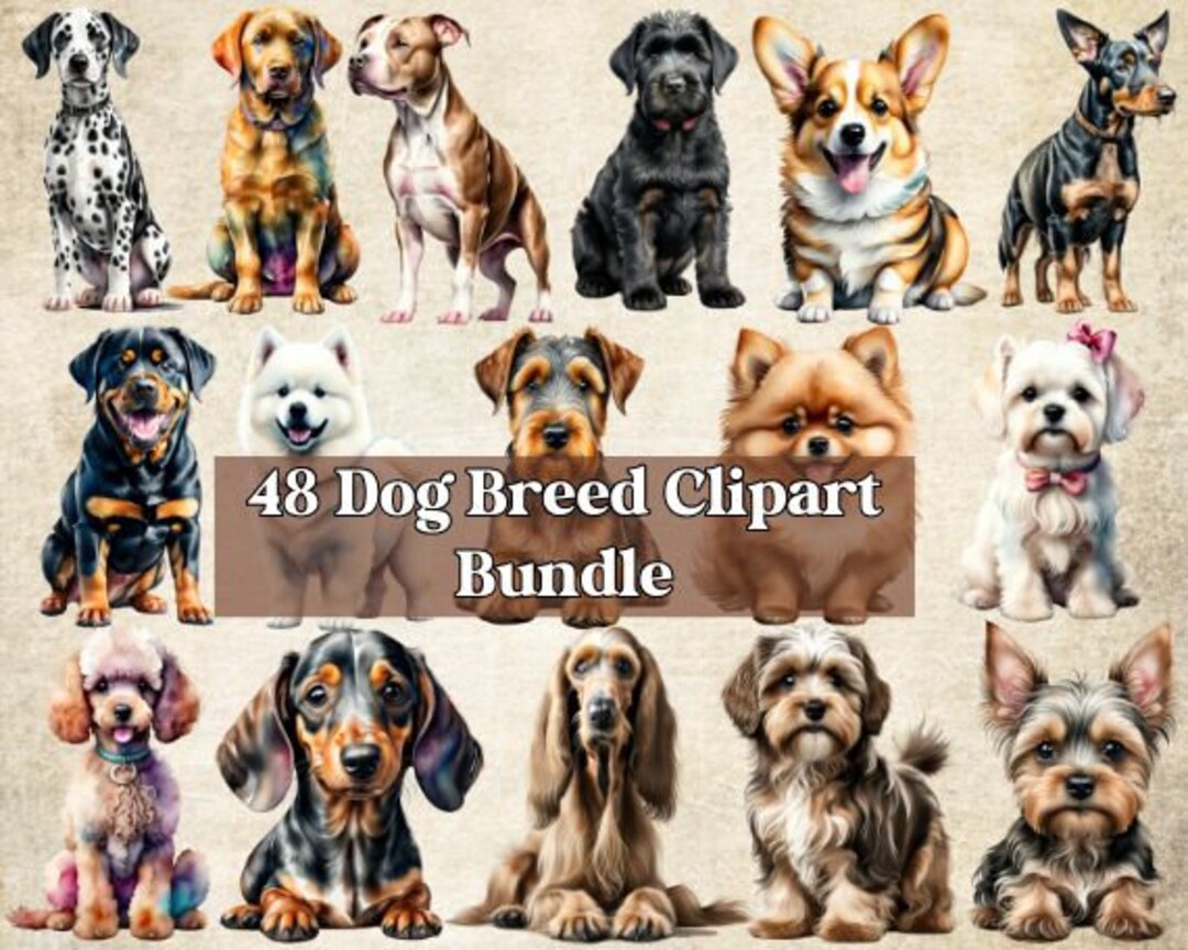 48 Watercolor Dogs Bundle Cliparts Sublimation, Dog Breeds PNG File ...