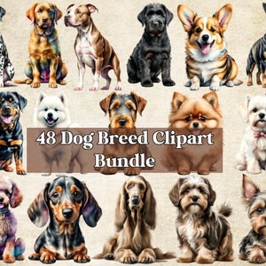 48 Watercolor Dogs Bundle Cliparts Sublimation, Dog Breeds PNG File,Cute Dogs Digital Illustration,Puppy Portrait Prints