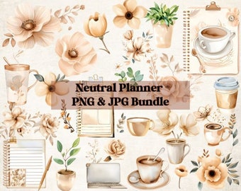 38 Watercolor beige fashion clip arts, Planner png downloads, Neutral flowers, planners, Coffee and floral elements. Png and Jpg files
