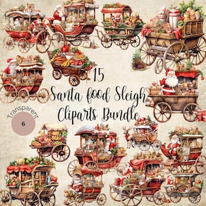 15 Watercolor Santa food sleigh clipart bundle, dinner clipart, Christmas Dessert PNG Bundle, Christmas cart, digital downloads