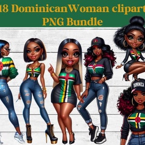 Paquete de imágenes prediseñadas de niña dominicana, mujer de Dominica, clip art de chica de moda, mujer negra, artesanías de papel de diario basura, chica isleña, chica caribeña