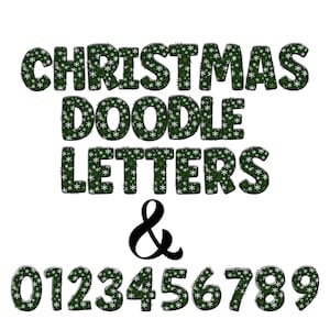 Lettres alpha| lettres de griffonnage de Noël de flocon de neige vert| Pack Alpha enregistré individuellement| Alphabet groovy entier, majuscules et chiffres