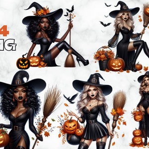 Ragazza strega sexy, pacchetto clipart per ragazze di Halloween, clipart costume di Halloween, clipart wiccan, grafica strega, strega afroamericana