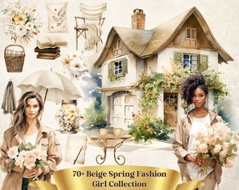 Beige akvarell vacker vår Clipart-paket, Clip Art PNG, blommor, säsongsbetonad, vacker flicka, stugkärngrafik, planerargrafik