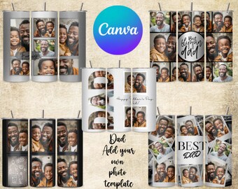 5 Father&#39;s Day Add Photo Tumbler Wrap Bundle, Own Photo Self Editable Tumbler, Canva Editable Tumbler, Family Picture Tumbler, 20oz Editable