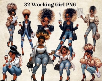 May include: Digital clipart set of 32 illustrations of women in various poses, wearing casual clothing and holding coffee cups. The women have different hairstyles and skin tones. The illustrations are in a cartoon style.