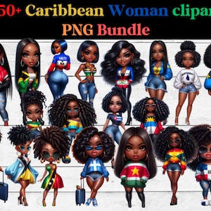 Caribische meisje clipart bundel, Caribische vrouw, mode meisje illustraties, zwarte vrouw, Junk Journal Paper Crafts, eiland meisje, Caribisch meisje