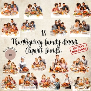 Clipart per la cena in famiglia del Ringraziamento ad acquerello/clipart di famiglia afroamericana/clipart per menu, inviti, cartoline e molto altro