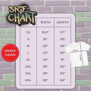 May include: Unisex sizing chart for a t-shirt with measurements in inches for width and length. Sizes include XS, S, M, L, XL, 2XL, 3XL, and 4XL.
