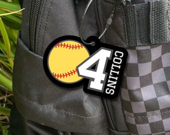 Softball Bag Name Tag, Personalized Sports Keychain, Luggage Bag Tag, Sports Tag, Team Gift, Custom Softball, 3D Acrylic Jersey Number