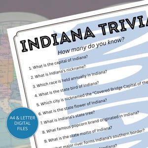 Puede incluir: Un archivo digital con un juego de preguntas sobre Indiana. El texto negro sobre fondo blanco plantea preguntas sobre la capital, el apodo y el ave de Indiana. El título "INDIANA TRIVIA" está en negrita, en letras negras. Disponible en formatos A4 y Carta.