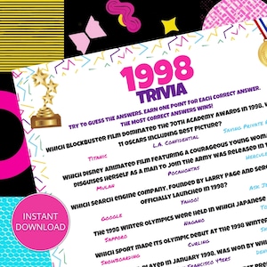 May include: A trivia game sheet with a pink and purple 1998 Trivia title. The sheet includes questions about movies, animated films, search engines, and the Winter Olympics. A gold trophy and a pink "Instant Download" button are also visible.