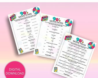 1990s Movie Trivia Game, 90s Theme Party (Printable PDF)