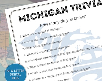 Michigan State Trivia Game Printable, Fun Michigan Facts Quiz for Family Game Night, Road Trips, Classroom, Homeschool, Instant Download