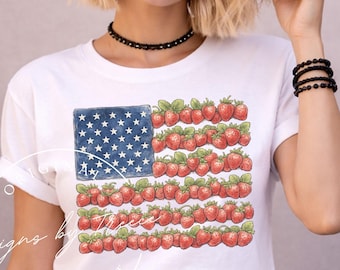 Strawberry Summer Patriotic PNG, 4th July Shirt Design, Berry Flag Graphic, Americana Sublimation File, Farmhouse Holiday Tee