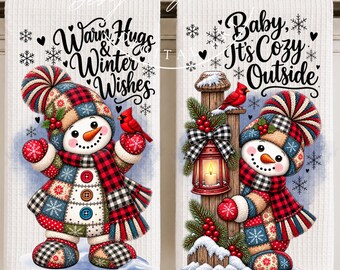 Patchwork Snowman Cardinal Kitchen Towel PNG Christmas Farmhouse Winter Design Bundle