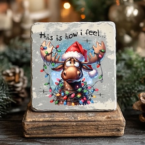 May include: A grey stone coaster featuring a cartoon moose wearing a red Santa hat entangled in Christmas lights. The text "This is how I feel..." is printed on the coaster.