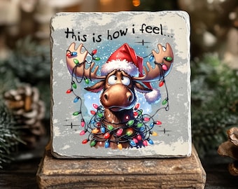Funny Christmas Moose PNG: Tangled Lights Slate Design (Digital Download)