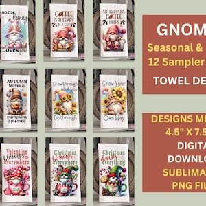 12 Gnome Kitchen Towel Sublimation Sampler Bundle, Sublimation PNG Graphic Designs Instant Digital Download