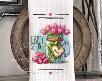 Toalla de cocina con tulipanes PNG, diseño floral de sublimación en tarro campestre, decoración de granja primaveral, arte digital con toallas