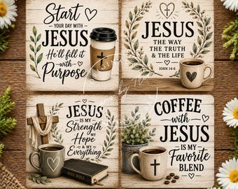 Paquete de posavasos cristianos PNG, fe de Jesús, sublimación, archivos digitales estilo granja